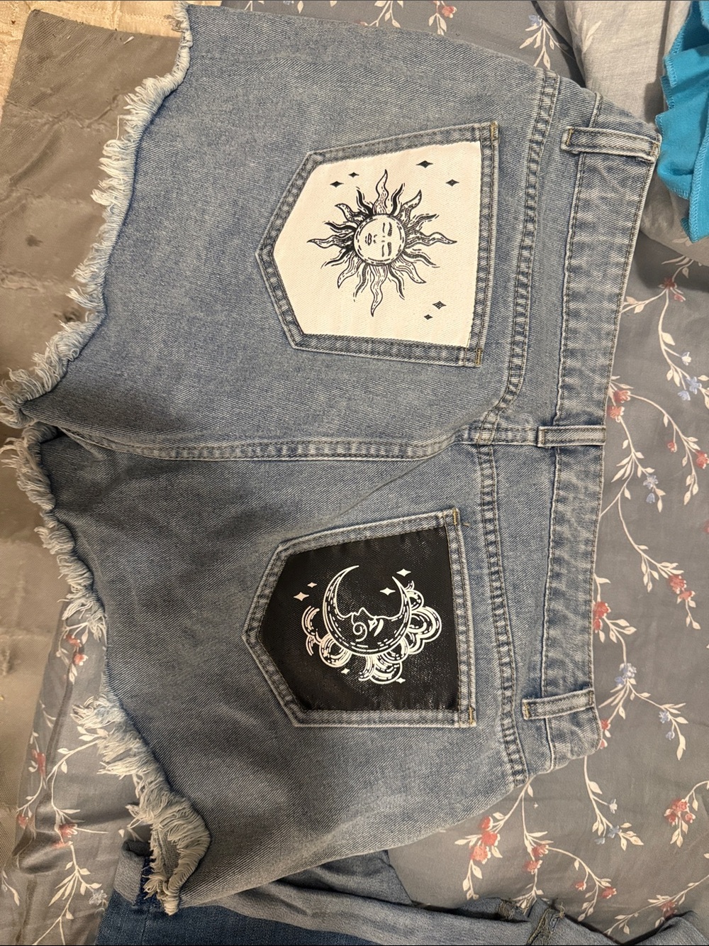 SHEIN Light Blue Denim Shorts with Sun & Moon Patches